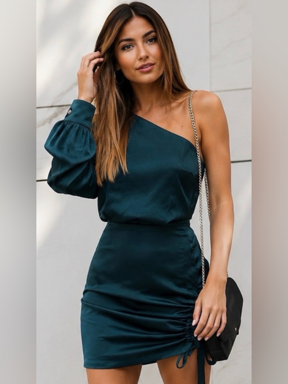 Kookai Green One Shoulder Long Sleeve Slip Dress